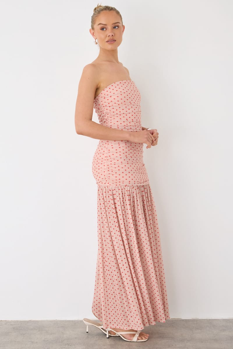 Pink Polka Dot Strapless Bodycon Maxi Dress for Ally Fashion