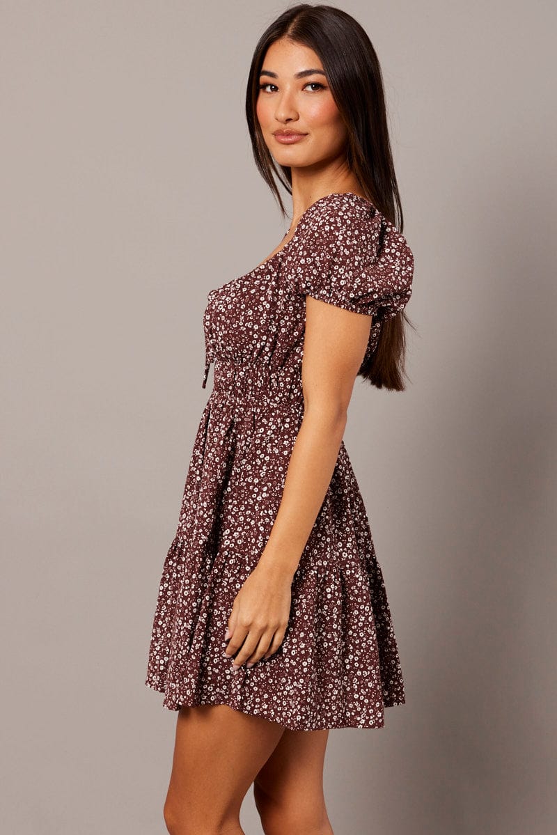 Brown Ditsy Fit And Flare Dress Puff Sleeve Mini for Ally Fashion