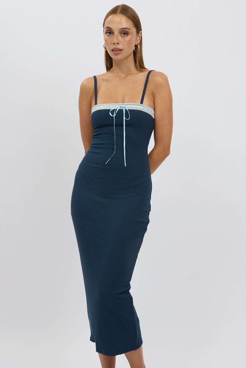 Blue Bodycon Dress Maxi Ribbon Trim | Ally Fashion Blue Bodycon Dress Maxi Ribbon Trim | Ally Fashion