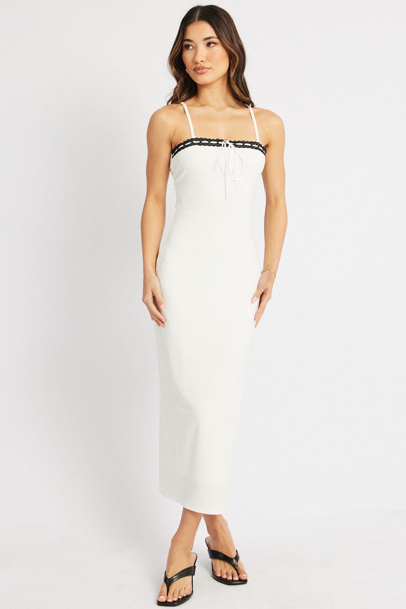 White Bodycon Dress Maxi Ribbon Trim for Ally Fashion