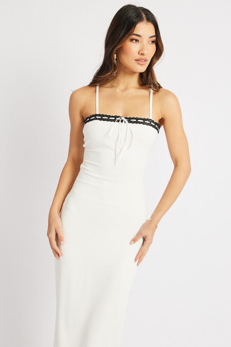 White Bodycon Dress Maxi Ribbon Trim for Ally Fashion