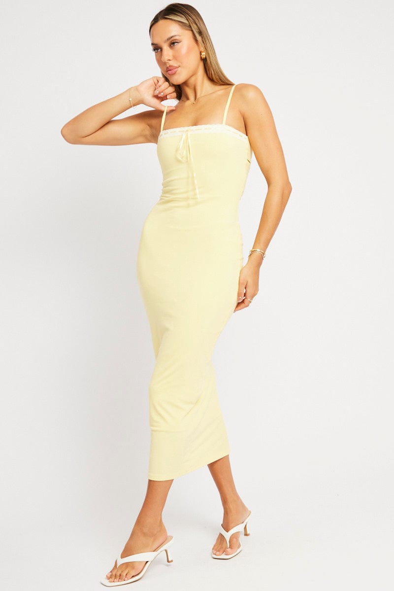 Yellow Bodycon Dress Maxi Ribbon Trim for Ally Fashion