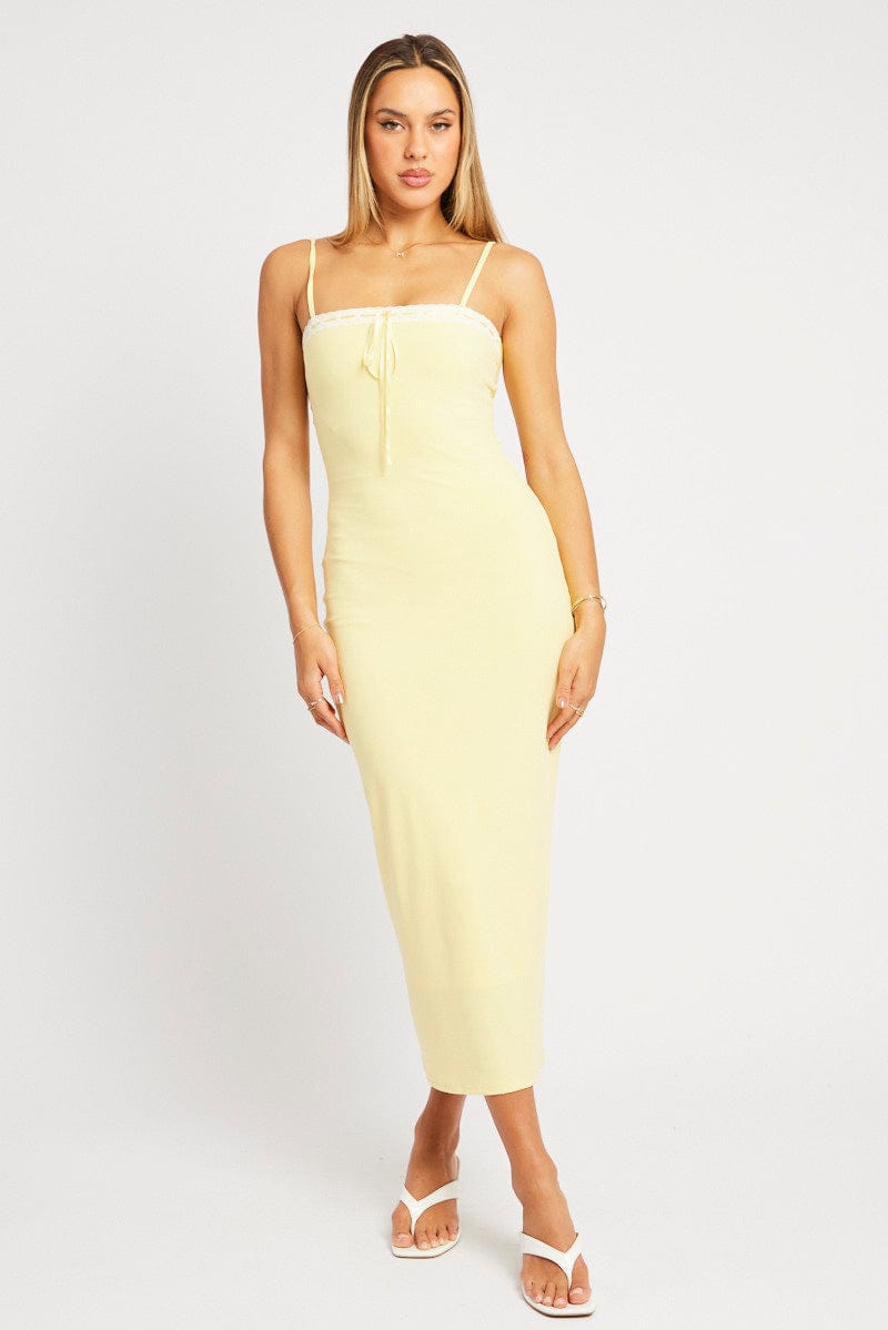 Yellow Bodycon Dress Maxi Ribbon Trim for Ally Fashion