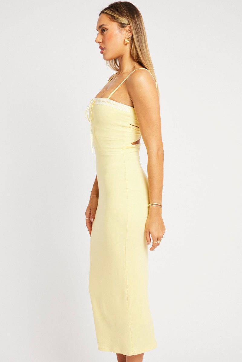 Yellow Bodycon Dress Maxi Ribbon Trim for Ally Fashion