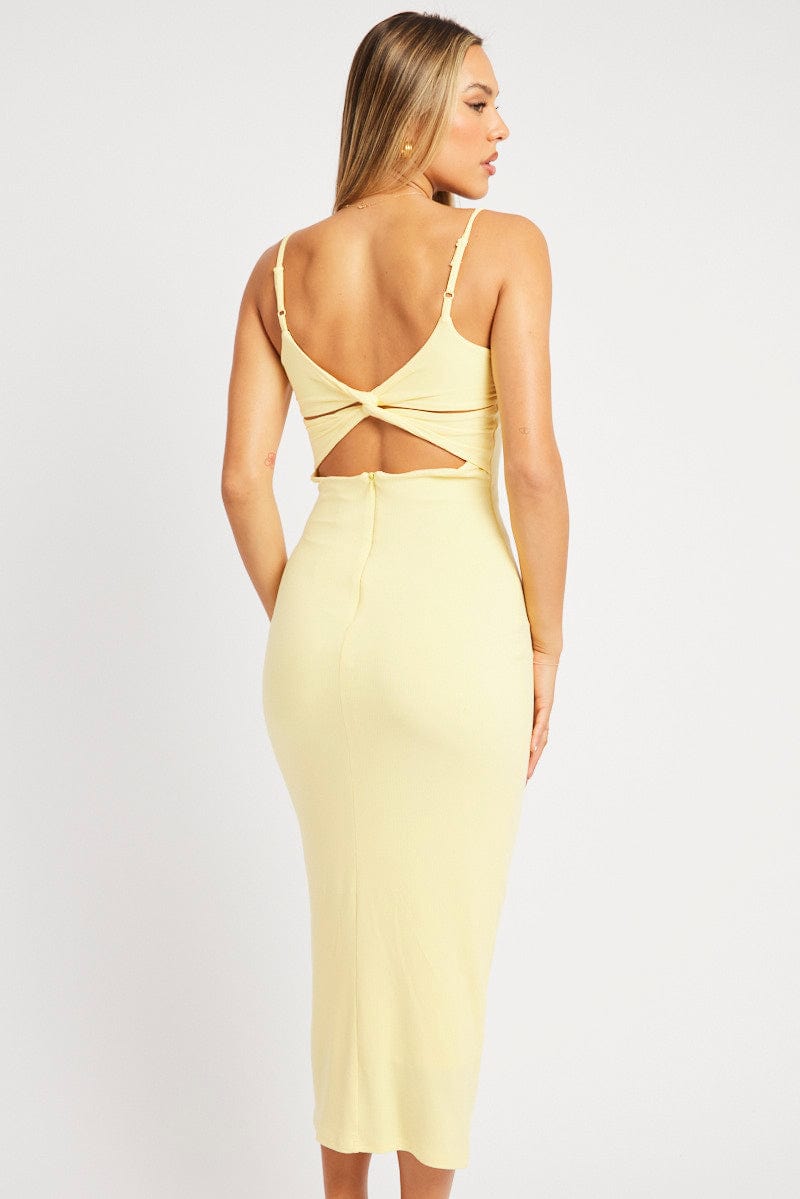 Yellow Bodycon Dress Maxi Ribbon Trim for Ally Fashion