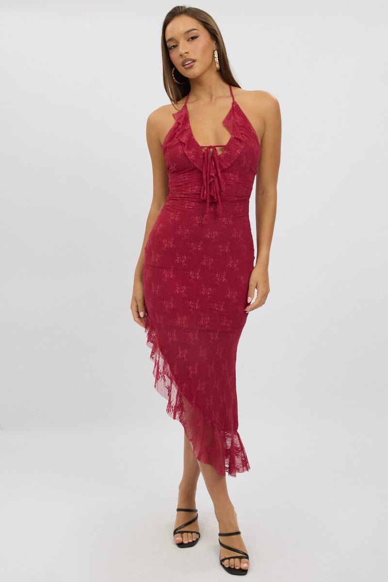 red strappy thick lace frill hem bodycon dress Bandeau Frill Hem Mini Dress In Red Lace | EGO US