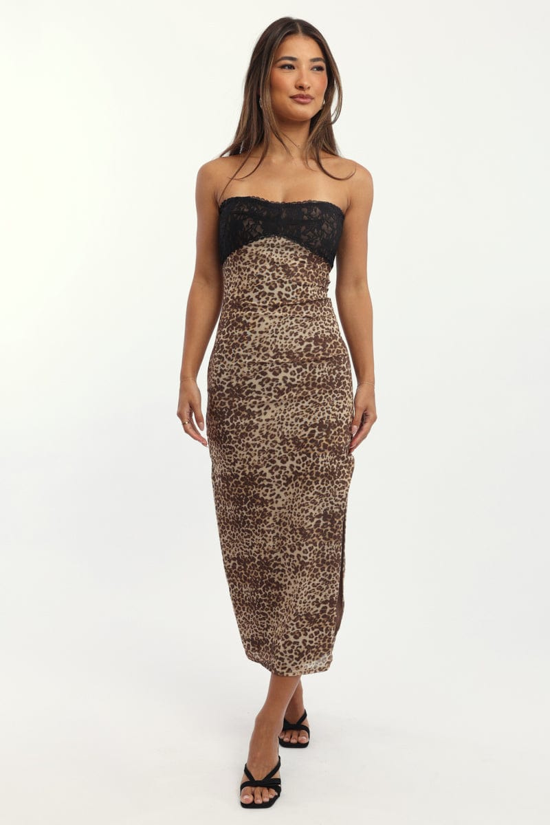Brown Animal Print Bodycon Dress Mesh from Ally Fashion