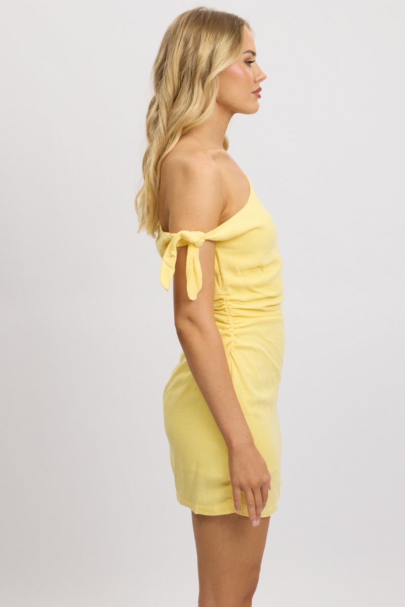 Yellow Bodycon Dress Tie up Shoulder Linen for Ally Fashion