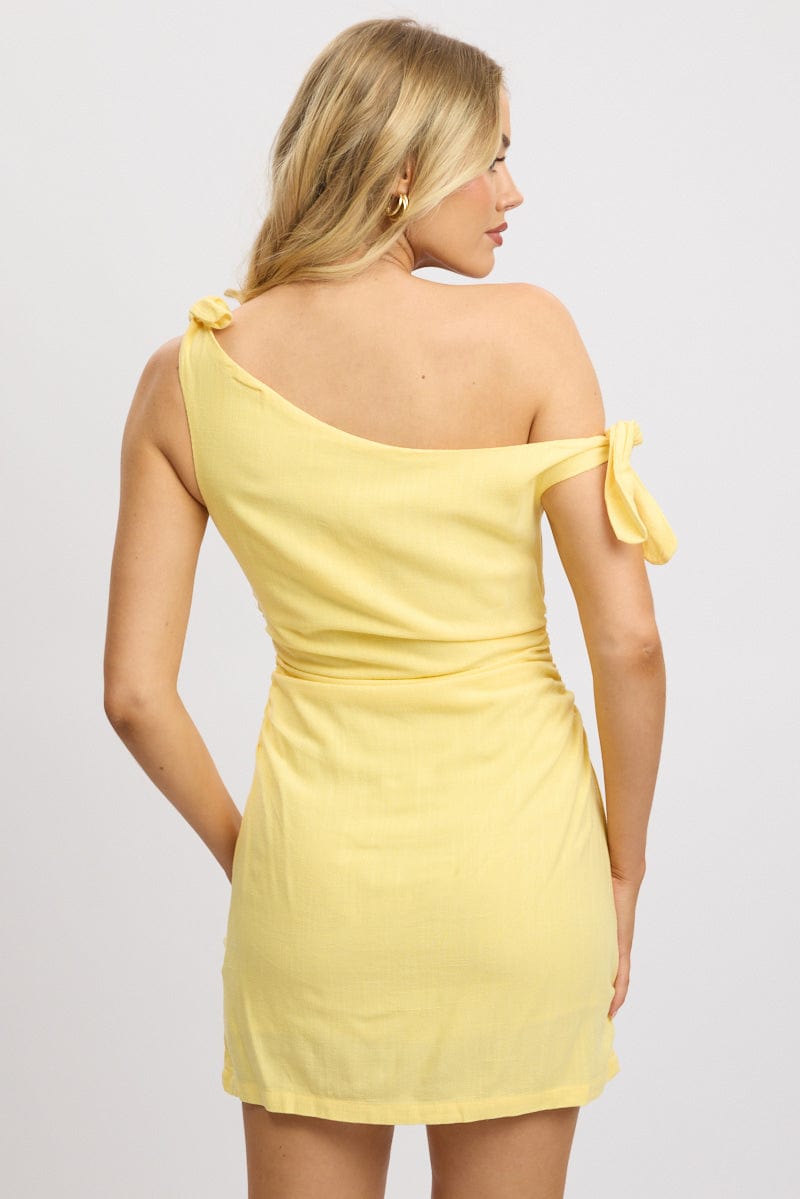 Yellow Bodycon Dress Tie up Shoulder Linen for Ally Fashion