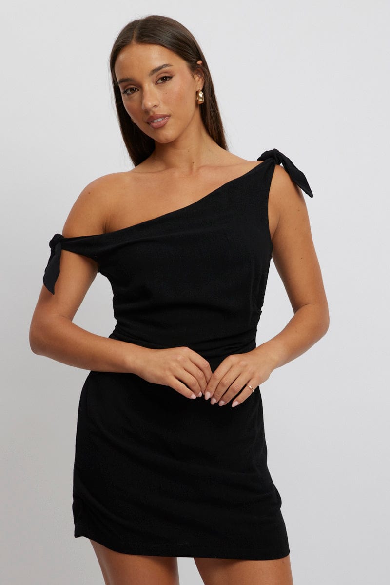 Black Bodycon Dress Tie up Shoulder Linen for Ally Fashion