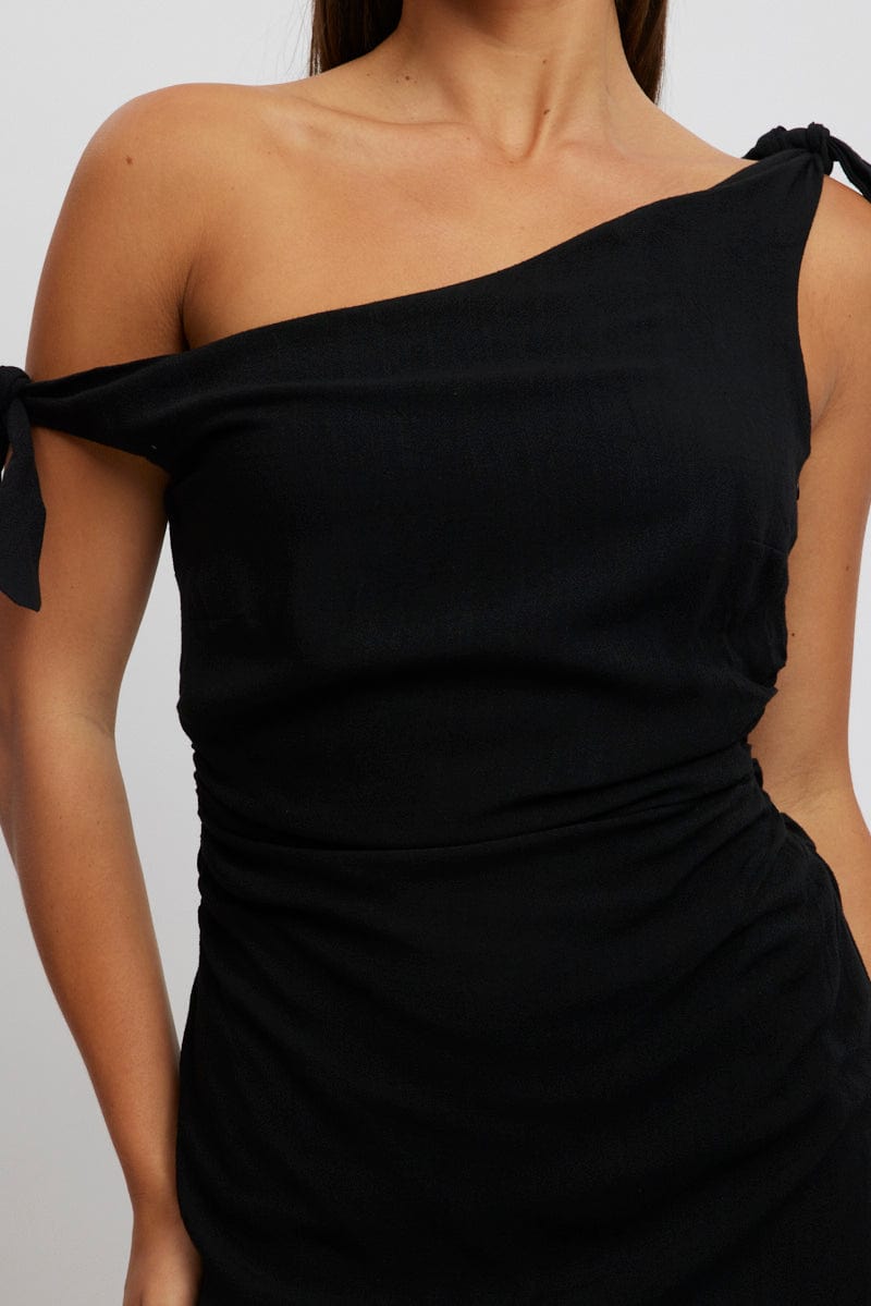 Black Bodycon Dress Tie up Shoulder Linen for Ally Fashion