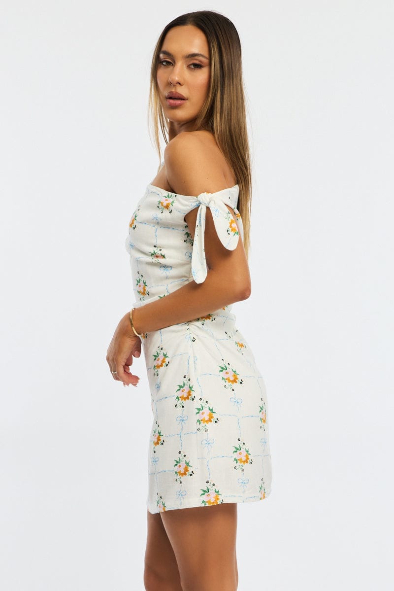 White Floral Bodycon Dress Tie Up Shoulder | Ally Fashion White Floral Bodycon Dress Tie Up Shoulder | Ally Fashion