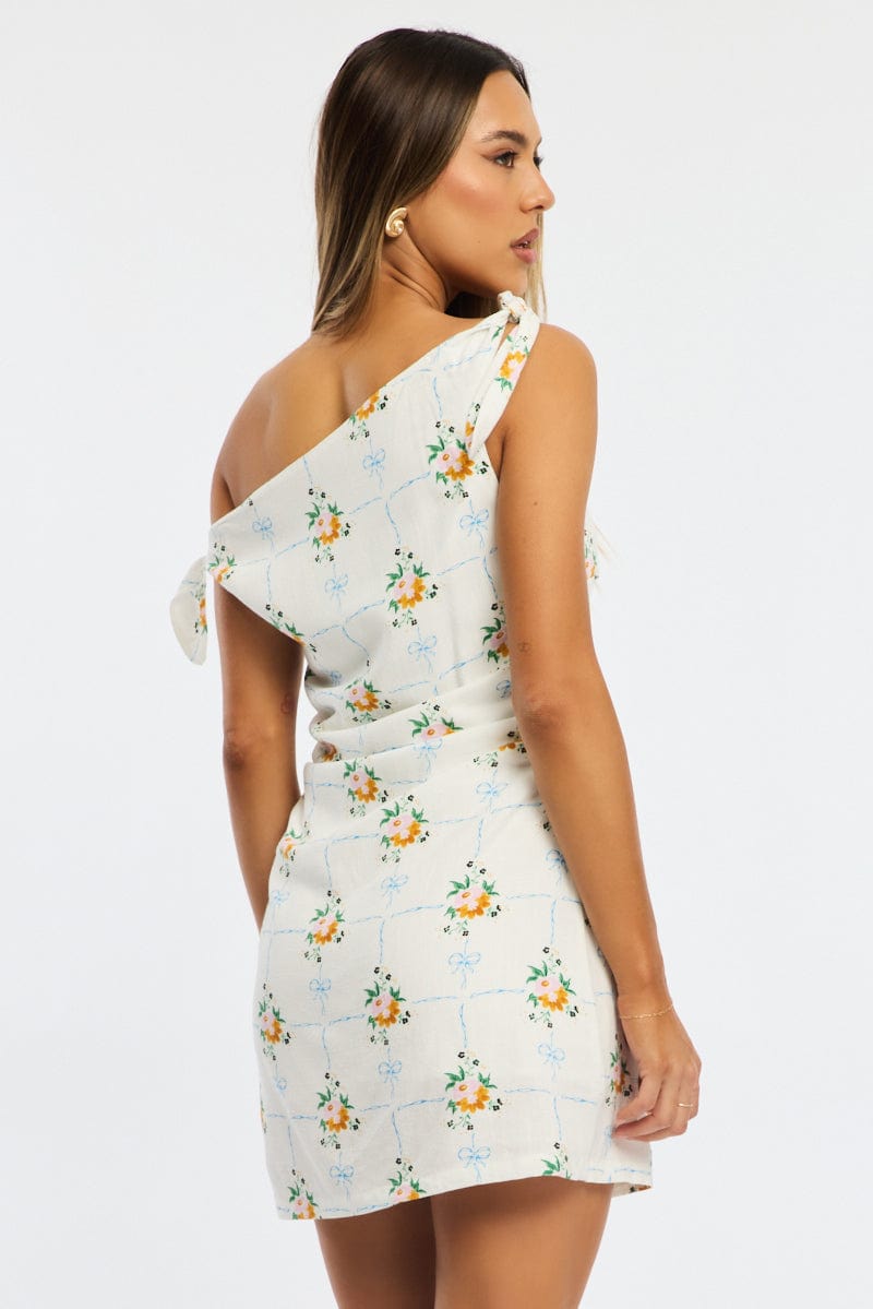 White Floral Bodycon Dress Tie Up Shoulder Ally Fashion