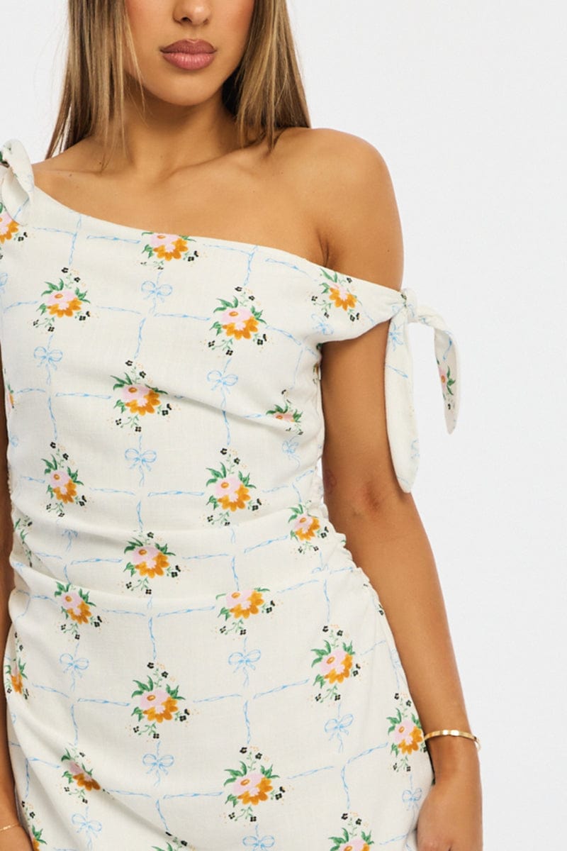 White Floral Bodycon Dress Tie Up Shoulder for Ally Fashion