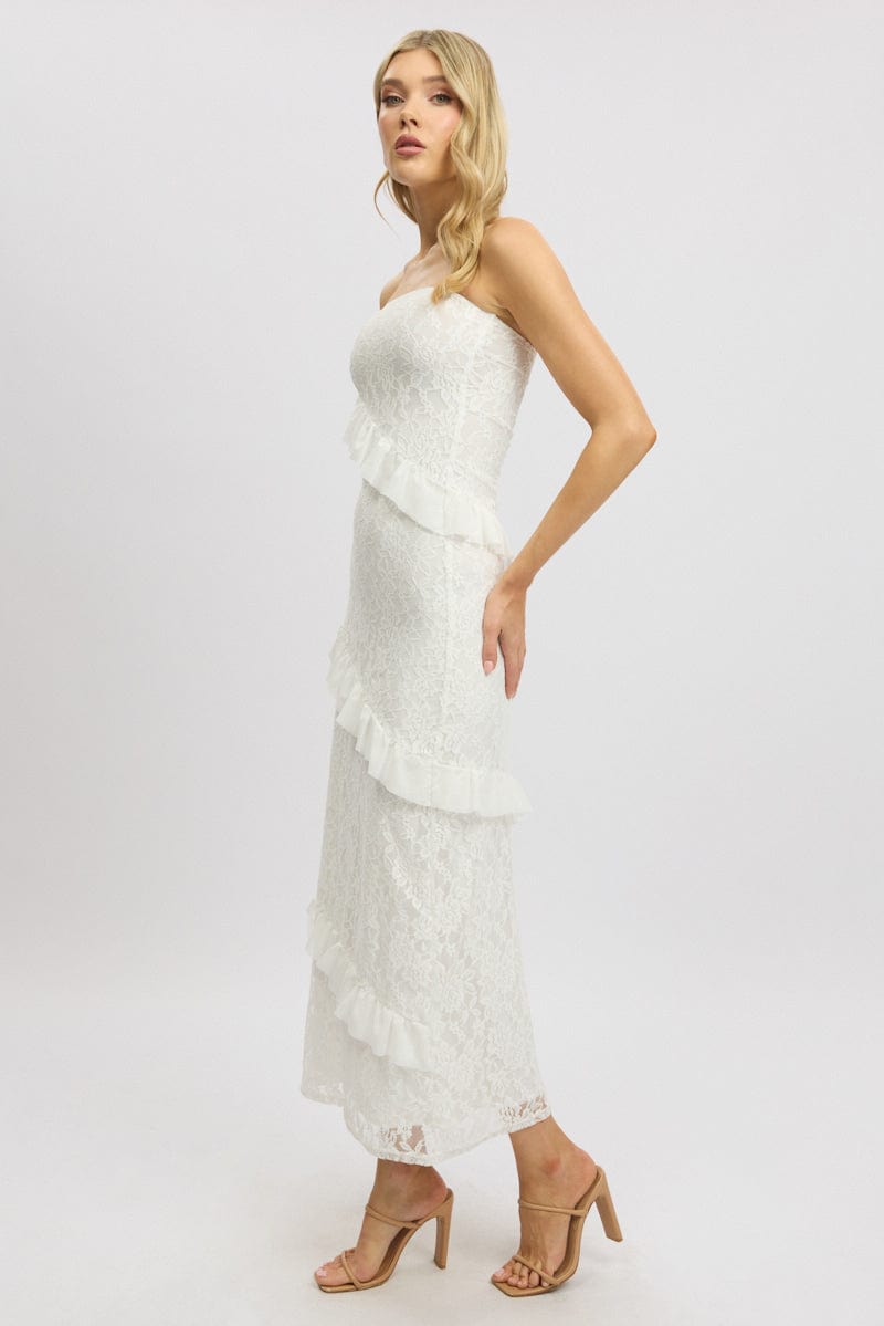 White Bodycon Dress Boob Tube Ruffle Midi Lace | Ally Fashion White Bodycon Dress Boob Tube Ruffle Midi Lace | Ally Fashion