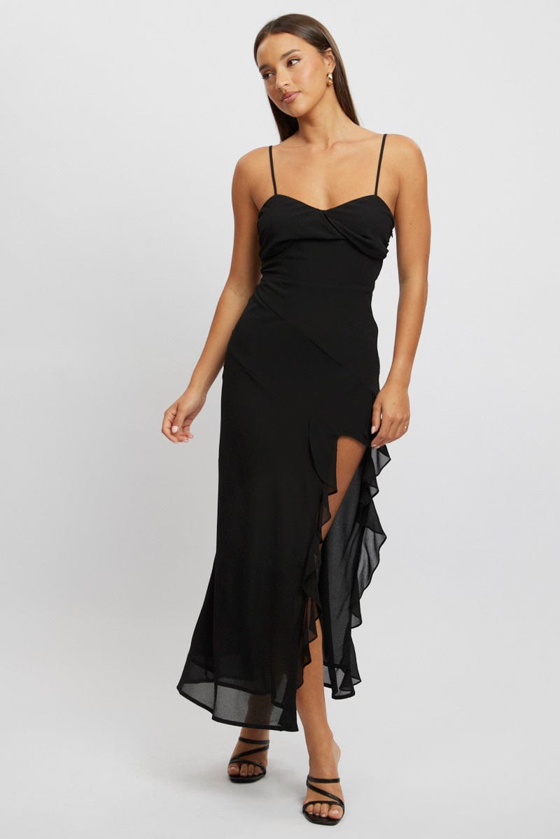 Black Bodycon Dress Maxi Ruffle Slit Chiffon for Ally Fashion