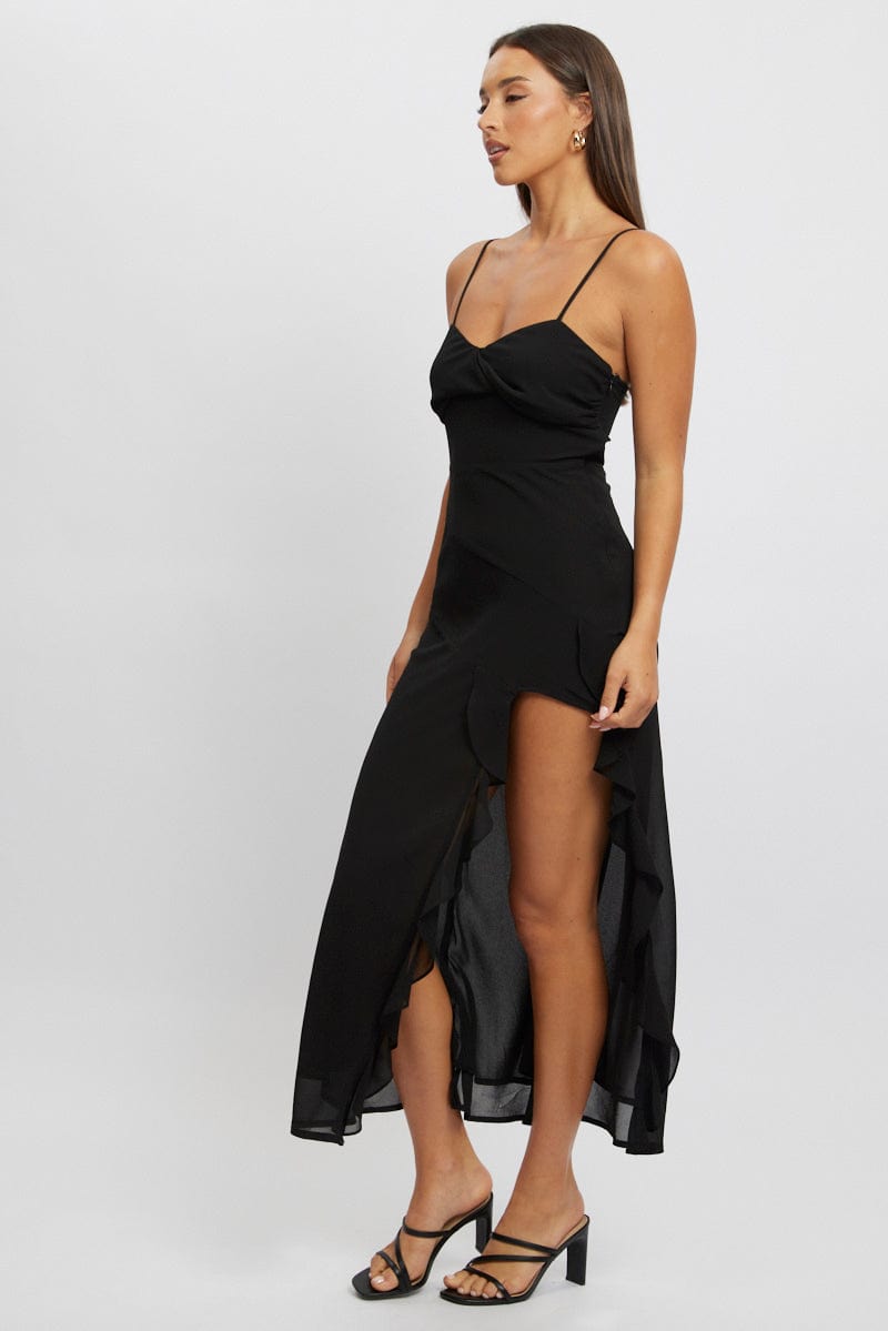 Black Bodycon Dress Maxi Ruffle Slit Chiffon for Ally Fashion