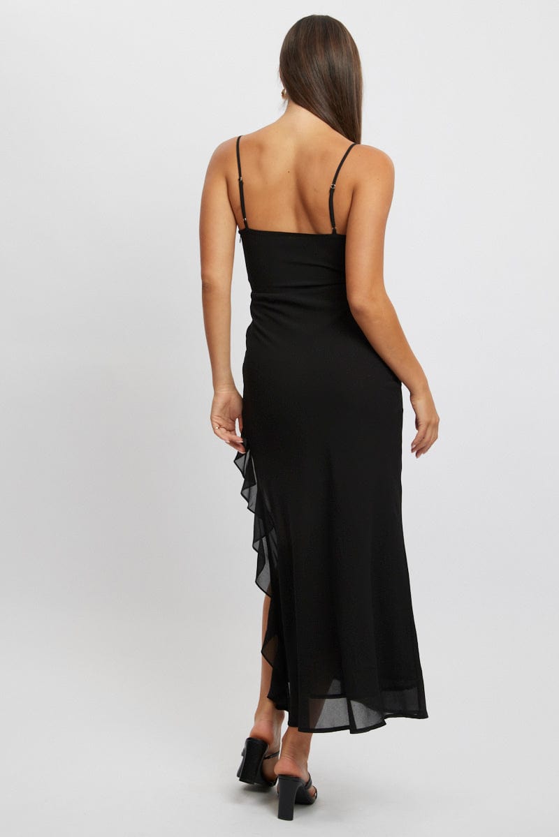 Black Bodycon Dress Maxi Ruffle Slit Chiffon for Ally Fashion