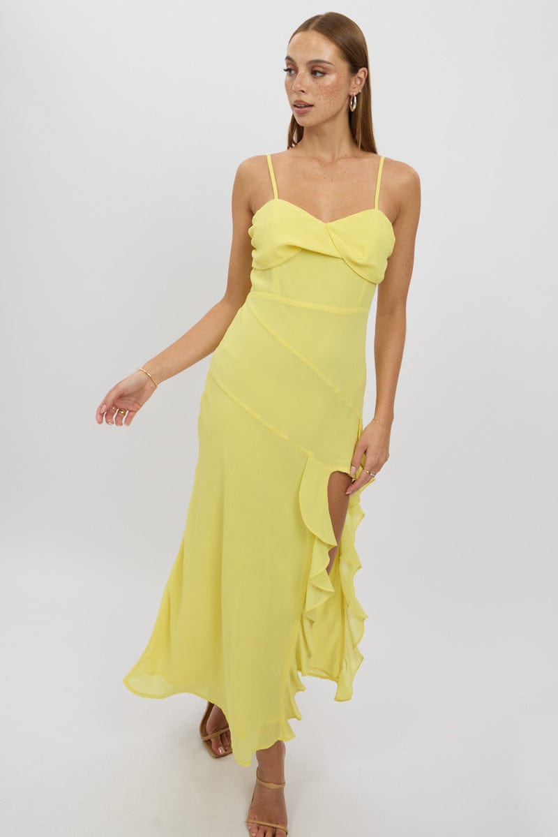 Yellow Bodycon Dress Maxi Ruffle Slit Chiffon | Ally Fashion Yellow Bodycon Dress Maxi Ruffle Slit Chiffon | Ally Fashion