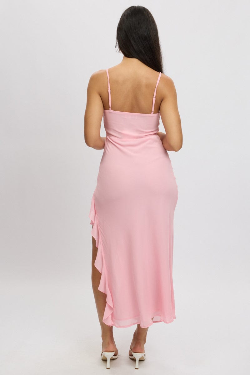 Pink Bodycon Dress Maxi Ruffle Slit Chiffon | Ally Fashion Pink Bodycon Dress Maxi Ruffle Slit Chiffon | Ally Fashion