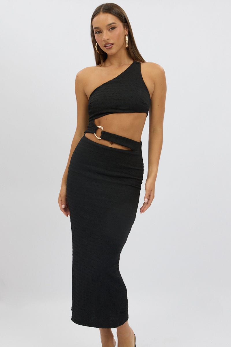 Black Bodycon Dress One Shoulder Textured for Ally Fashion