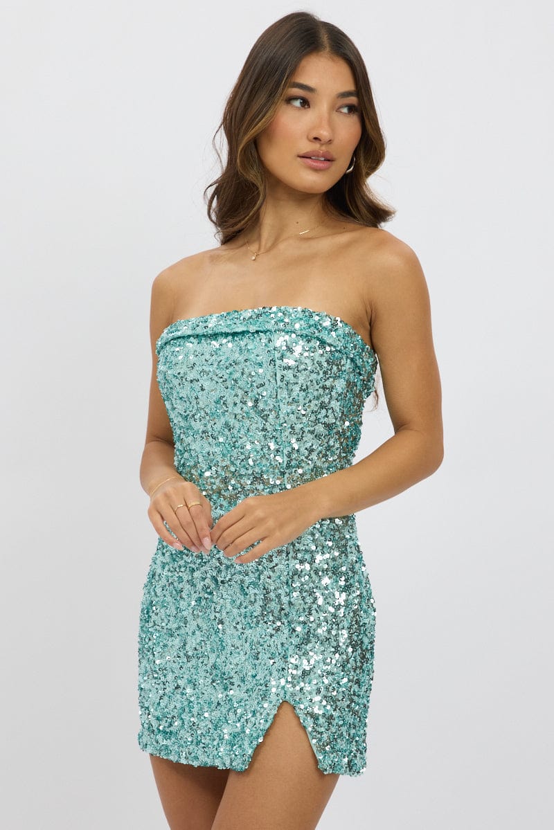 Blue Bodycon Dress Sequin Strapless Ally Fashion