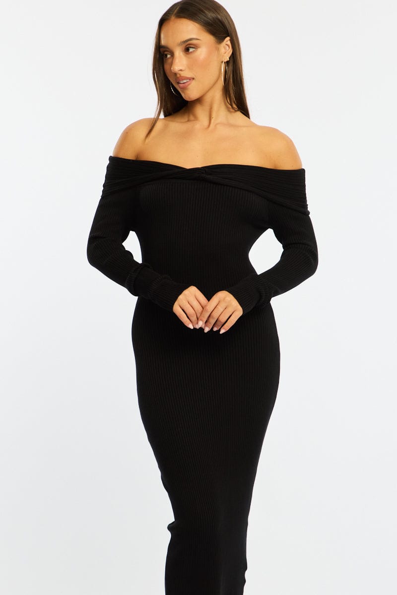 Black Knit Dress Long Sleeve Maxi for Ally Fashion