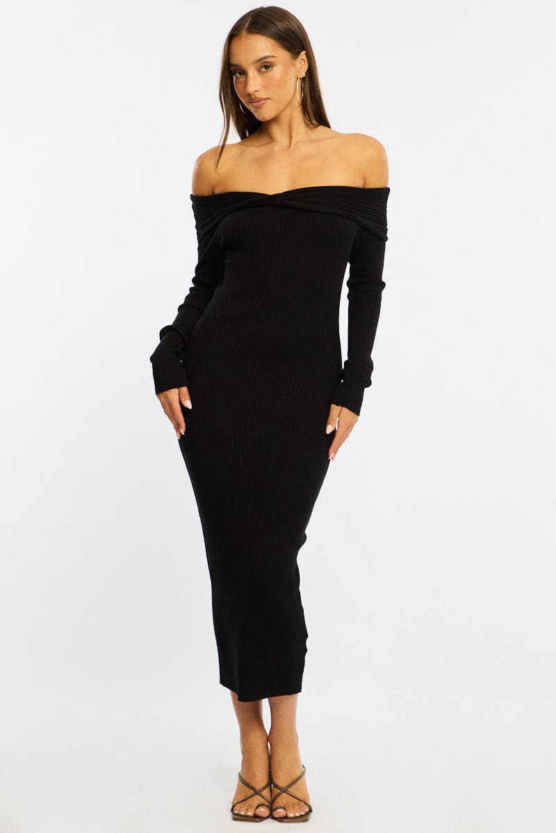 Black Knit Dress Long Sleeve Maxi