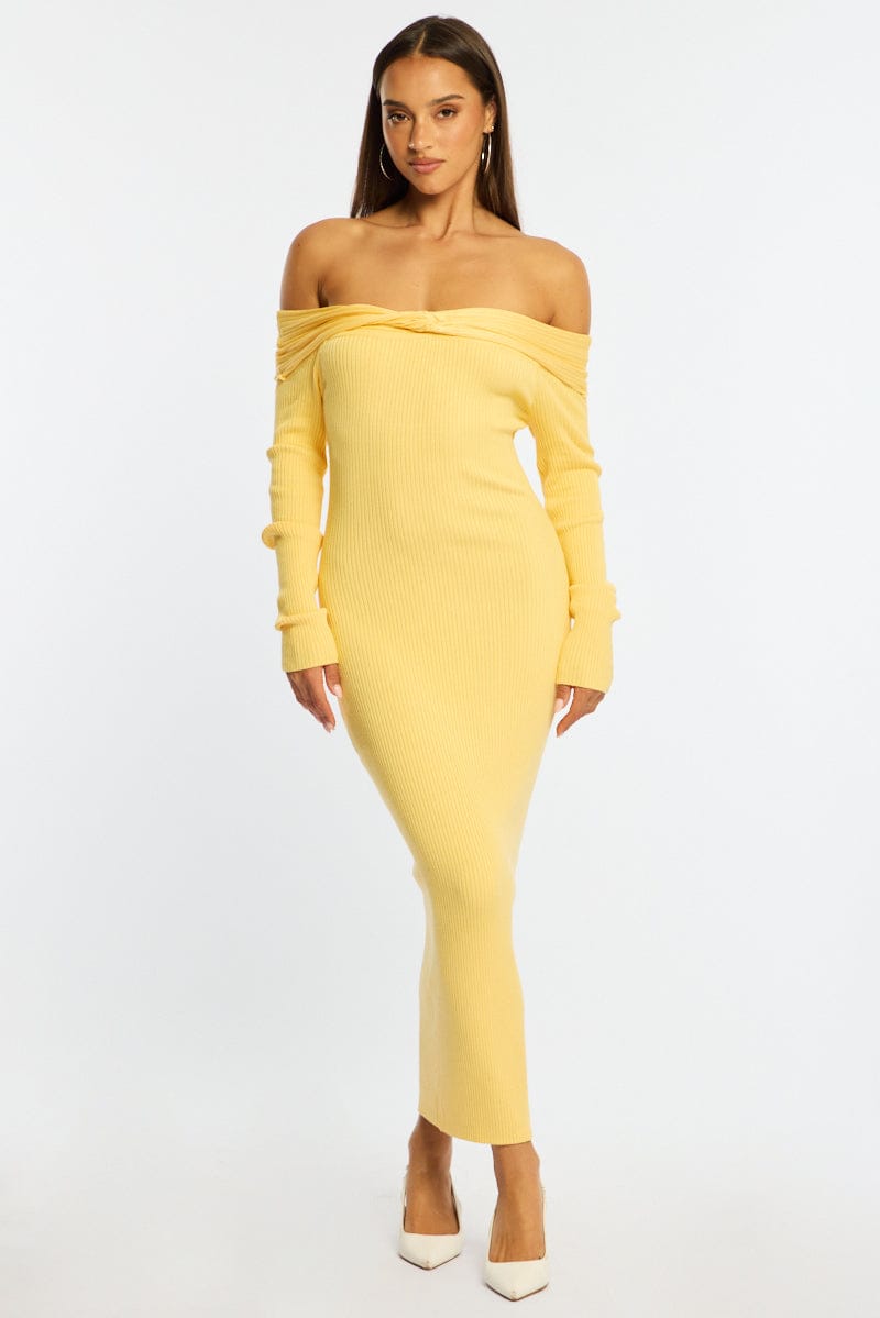 Yellow Knit Dress Long Sleeve Maxi for Ally Fashion