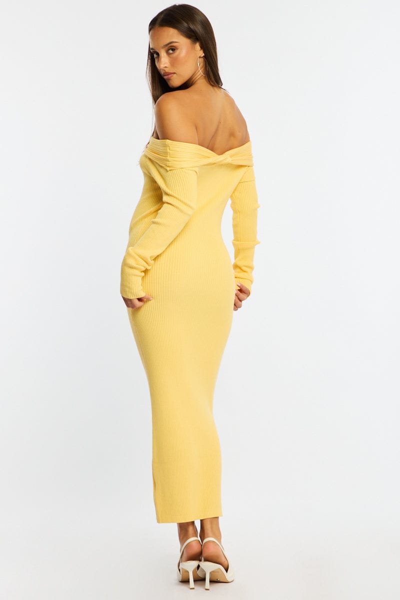 Yellow Knit Dress Long Sleeve Maxi for Ally Fashion