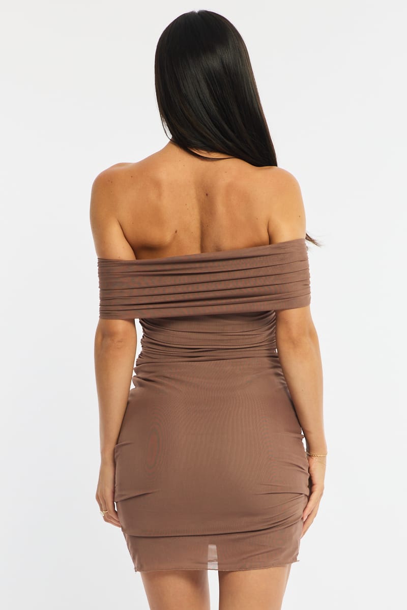 Brown Off The Shoulder Mesh Mini Dress for Ally Fashion