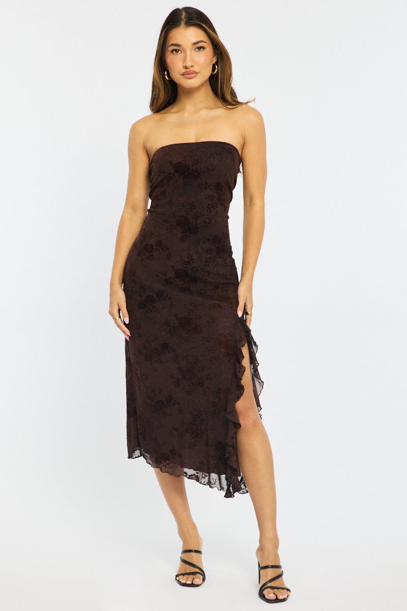 Brown Bodycon Dress Strapless Burnout for Ally Fashion