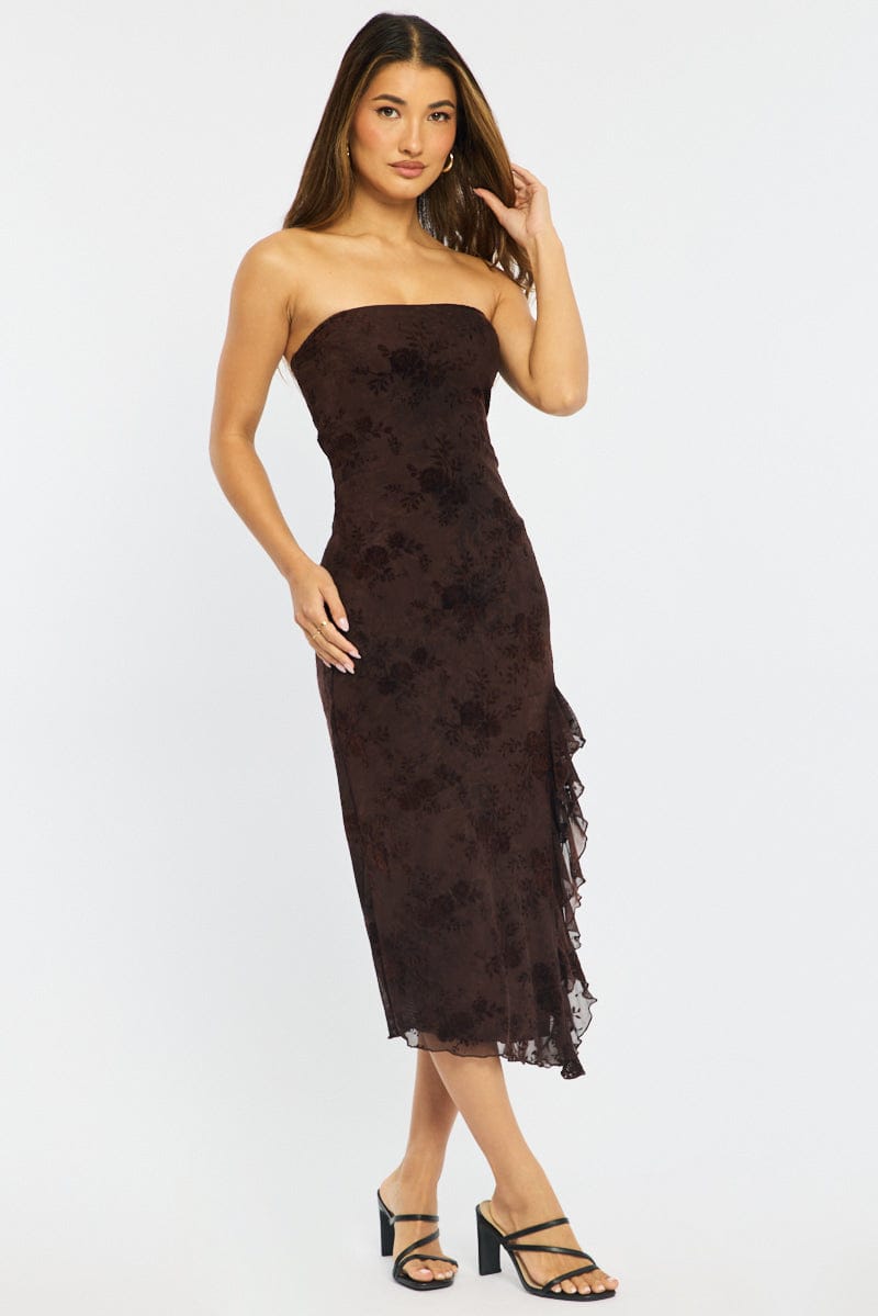 Brown Bodycon Dress Strapless Burnout for Ally Fashion