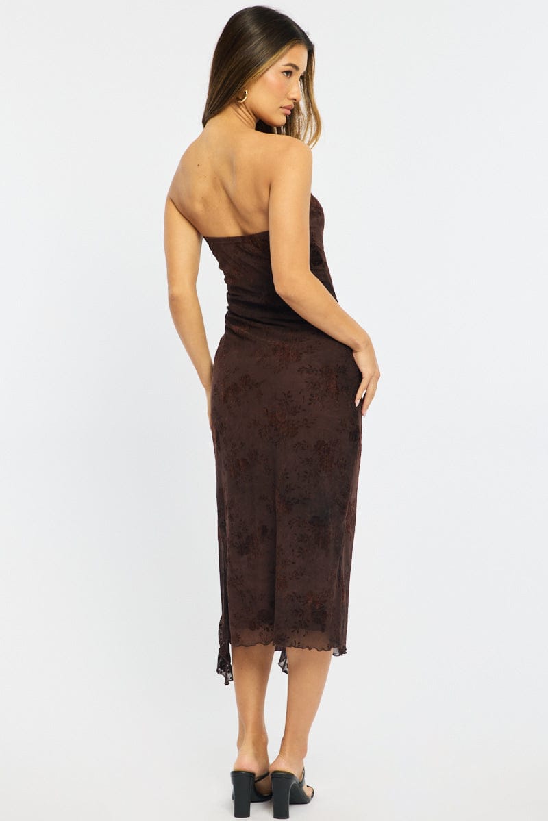 Brown Bodycon Dress Strapless Burnout for Ally Fashion