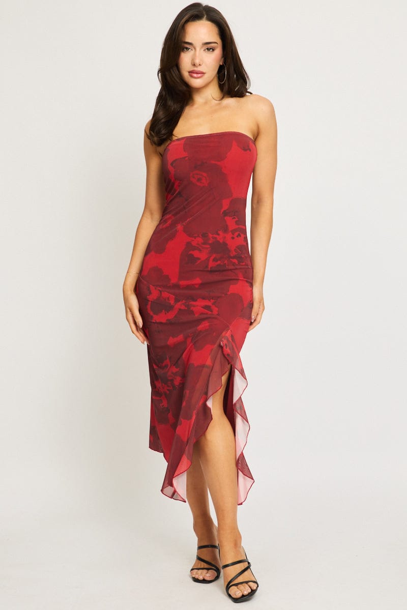 Red Floral Bodycon Dress Mesh Floral for Ally Fashion