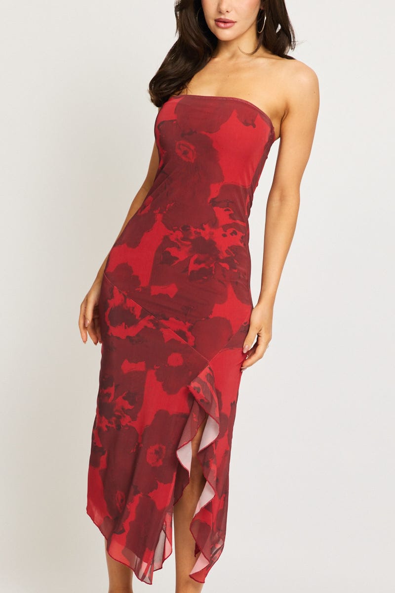 Red Floral Bodycon Dress Mesh Floral for Ally Fashion