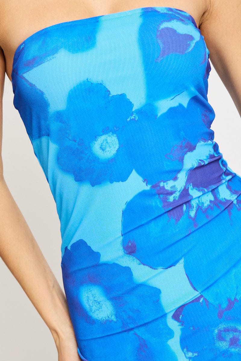 Blue Floral Bodycon Dress Mesh Floral for Ally Fashion