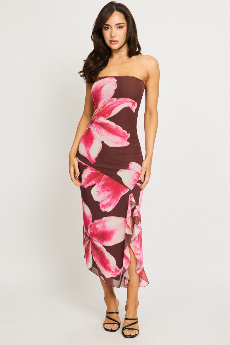 Brown Floral Bodycon Dress Mesh Floral