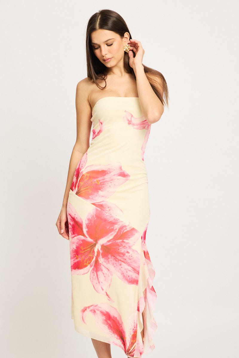 Yellow Floral Bodycon Dress Mesh Floral for Ally Fashion