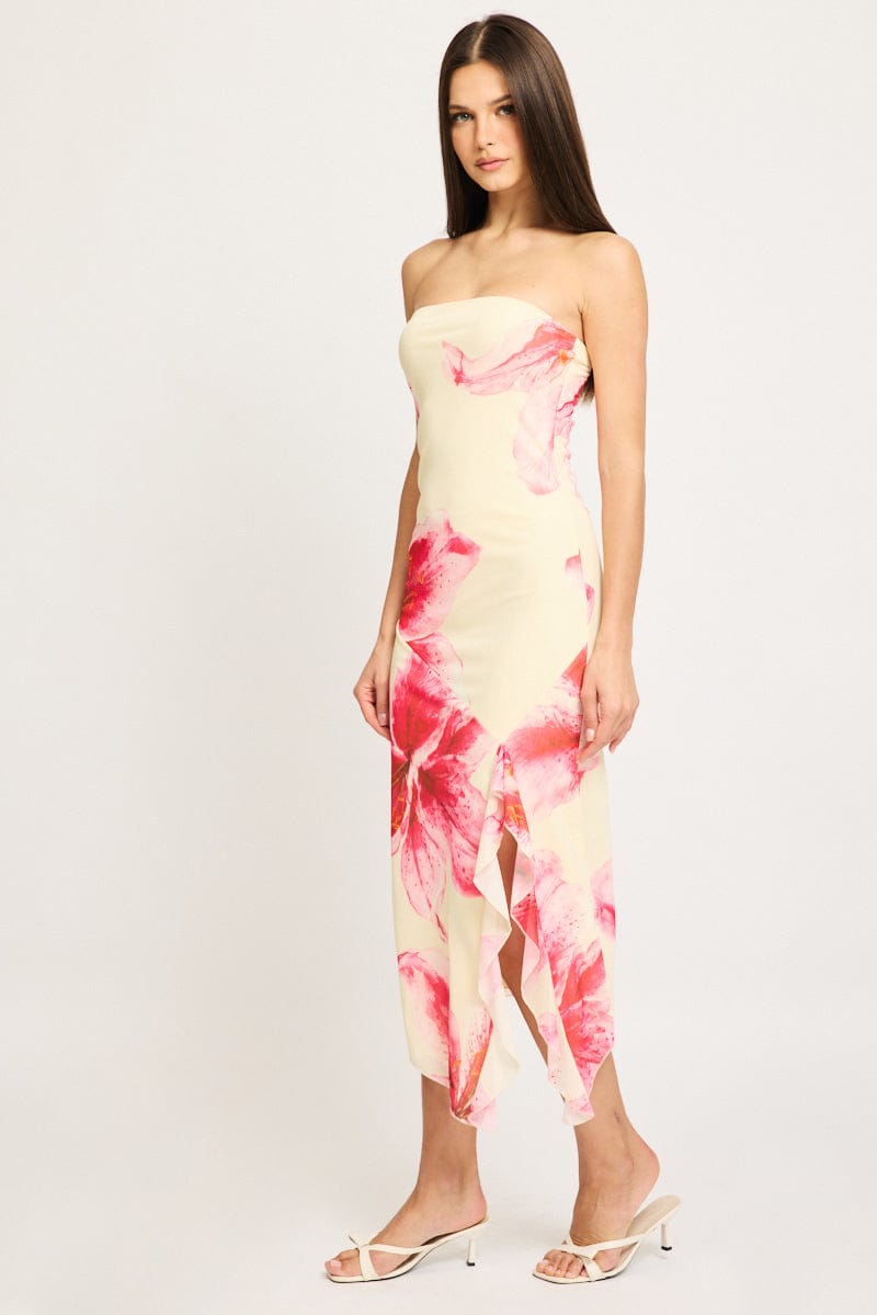 Yellow Floral Bodycon Dress Mesh Floral for Ally Fashion