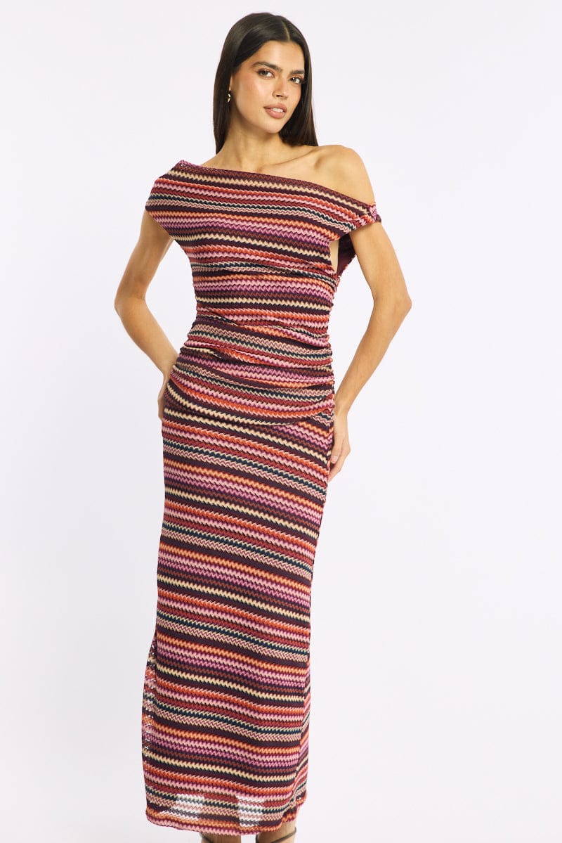 Red Stripe Bodycon Dress Off Shoulder for Ally Fashion
