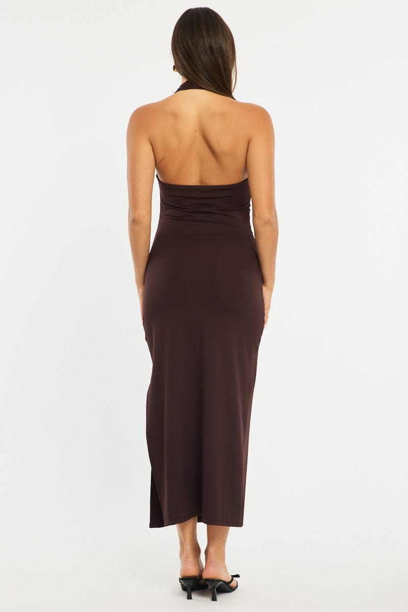 Brown Bodycon Dress Halter Neck