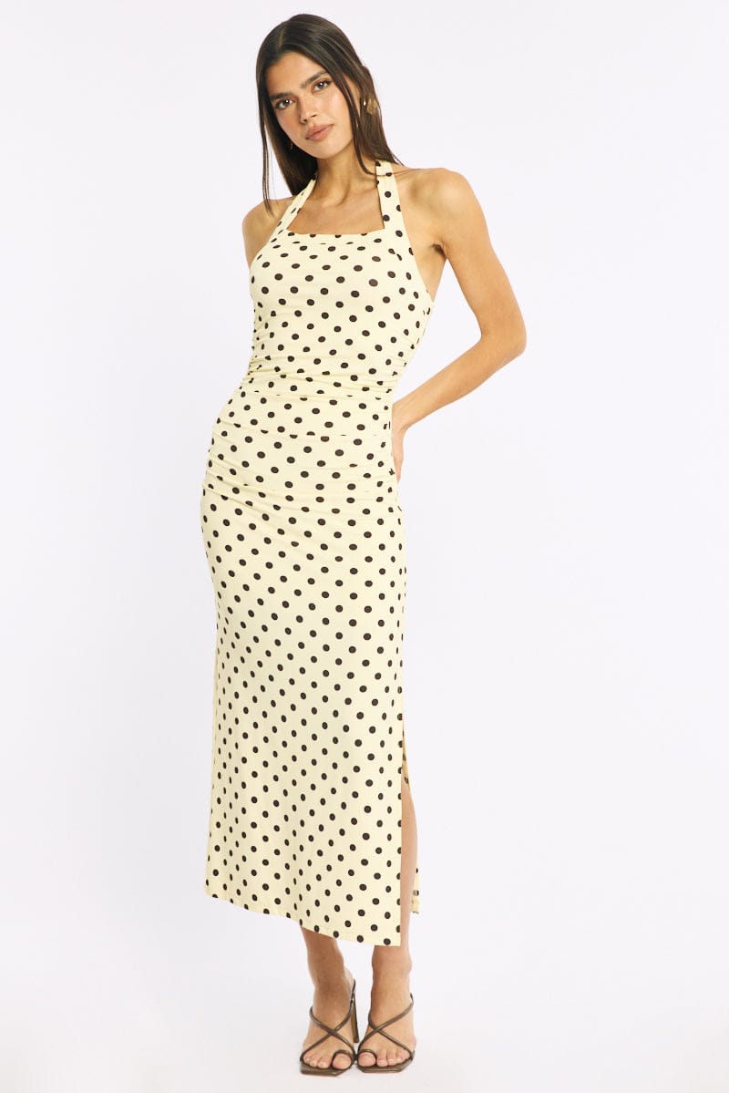 Yellow Polka Dot Bodycon Dress Halter Neck for Ally Fashion