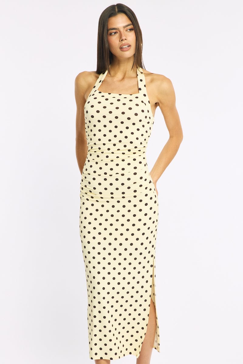 Yellow Polka Dot Bodycon Dress Halter Neck