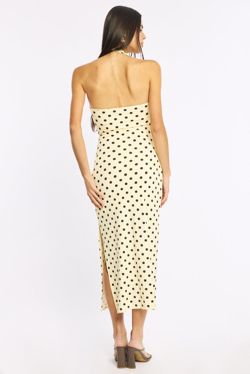 Yellow Polka Dot Bodycon Dress Halter Neck for Ally Fashion