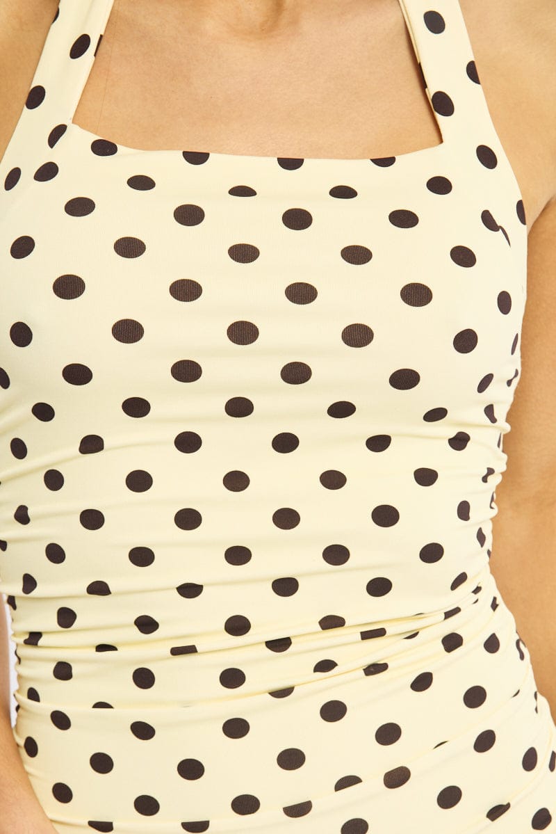 Yellow Polka Dot Bodycon Dress Halter Neck for Ally Fashion