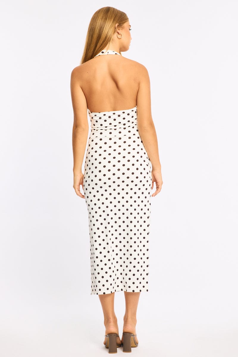 White Polka Dot Bodycon Dress Halter Neck for Ally Fashion