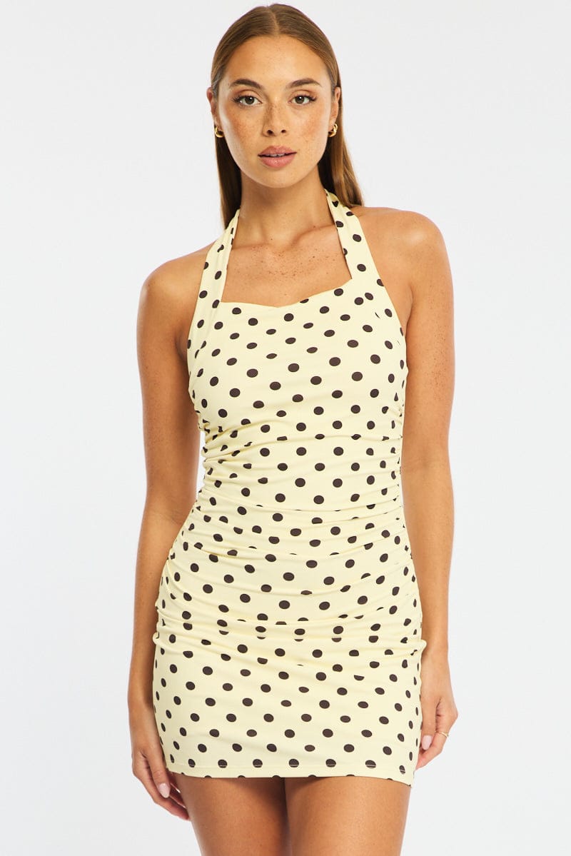 Yellow Polka Dot Bodycon Dress Halter Neck Yellow Polka Dot Bodycon Dress Halter Neck