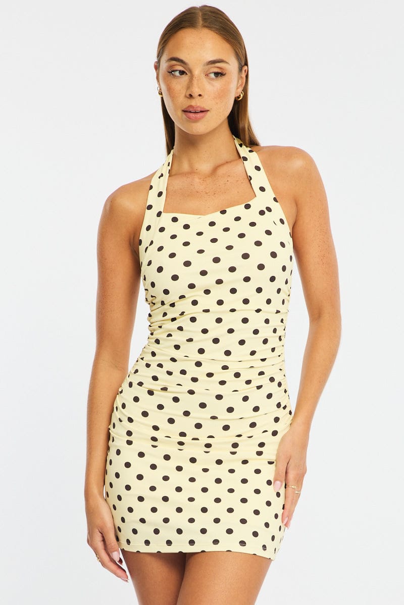 Yellow Polka Dot Bodycon Dress Halter Neck for Ally Fashion