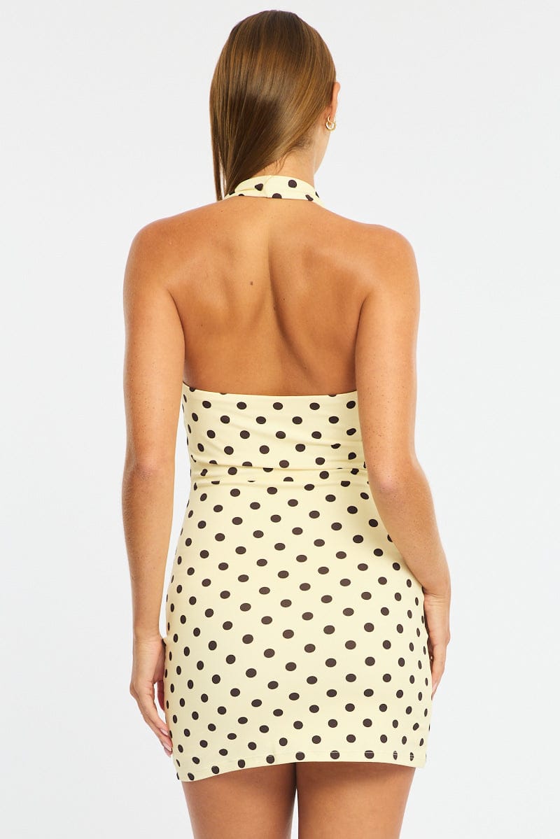 Yellow Polka Dot Bodycon Dress Halter Neck for Ally Fashion